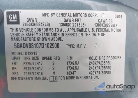 2007 Buick Terraza Cxl z USA, uszkodzony, nr VIN 5GADV33107D102900